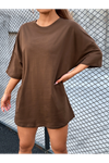 Deocept Kadın Basic Kahverengi Oversize T-Shirt 